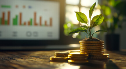 Growing wealth through investment: a minimalist 3D illustration showcasing coins and a flourishing plant, against financial graphs