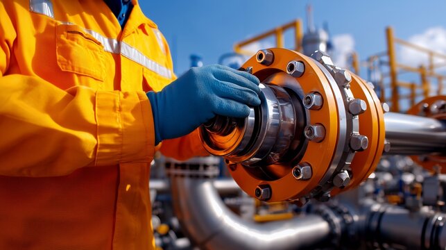 worker inspecting pipeline valve in an industrial oil and gas facility wearing safety gloves and orange uniform