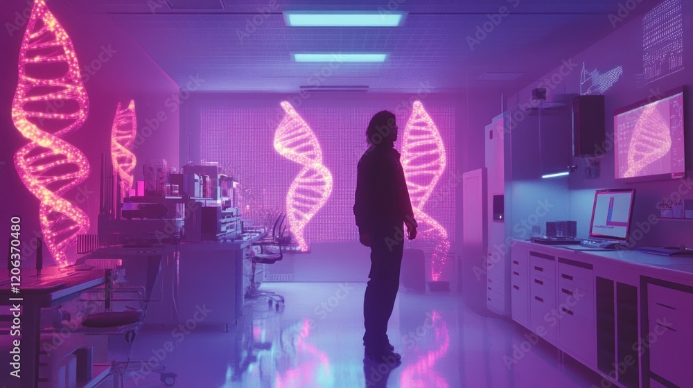 Poster scientist observing holographic dna structures in laboratory