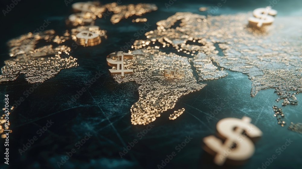 Poster golden dollar symbols on a sparkling world map