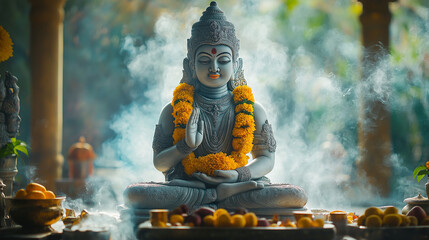 A serene Hindu deity statue, surrounded by incense smoke, offerings of fruits and flowers, soft ambient light reflecting off the stone, sacred and meditative atmosphere, ancient energy. 