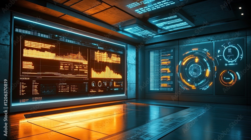 Poster futuristic control room with advanced data displays