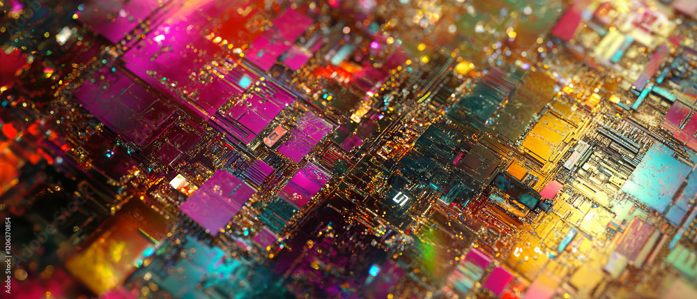 Poster intricate details of quantum computing chips with vibrant crystalline structures and circuits