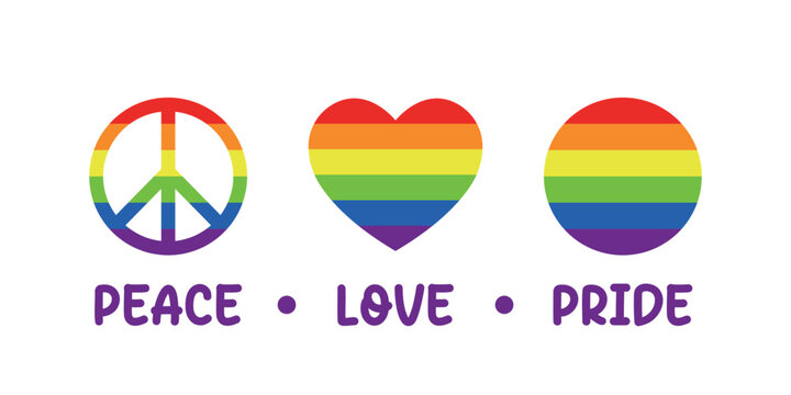 Peace Love Pride month, T-Shirt Design with three elements and text, vector illustration
