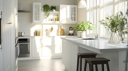 Fototapeta premium Inviting kitchen with wooden elements and abundant light.