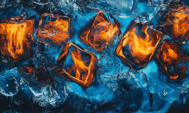 Extreme close-up of flamy ice cubes on a blue water background