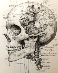 A tattoo design featuring a skull with alchemical symbols appearing within or around it