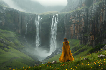 natural landscapes, drakensberg mountains wide waterfall showcases stunning landscape and powerful...