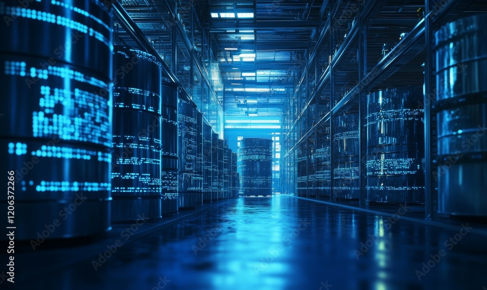 Poster data-driven petroleum storage: gasoline barrels in warehouse with digital distribution display
