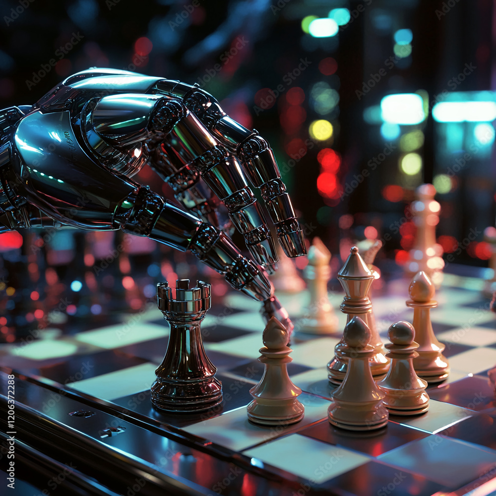 Poster Robot arm engages in strategic chess match amidst colorful lighting in a futuristic setting