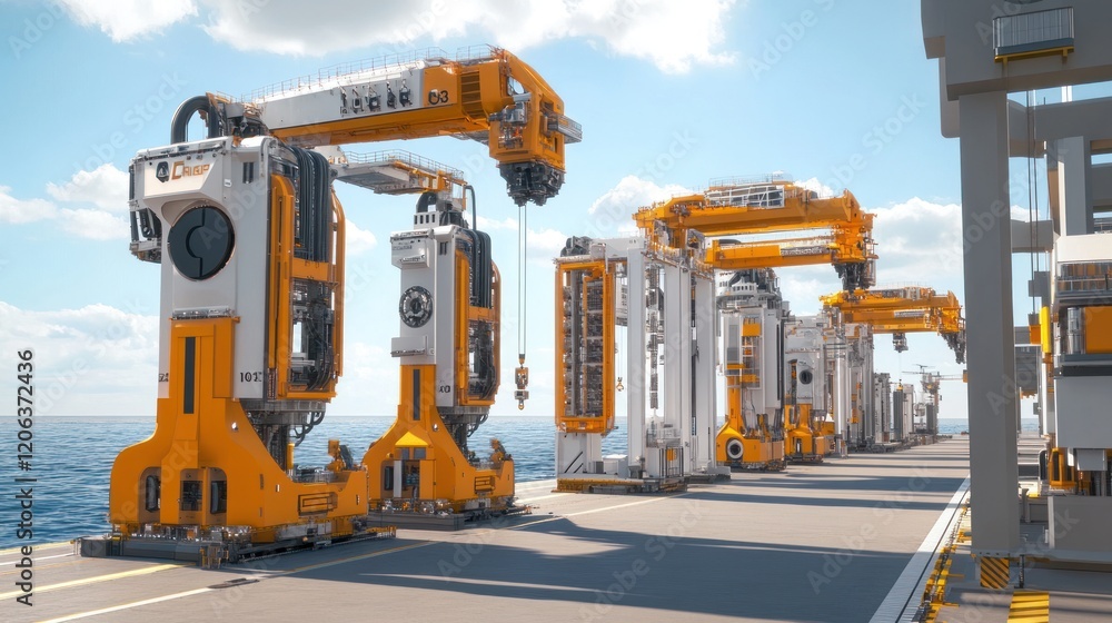 Poster futuristic port cranes operate efficiently near ocean