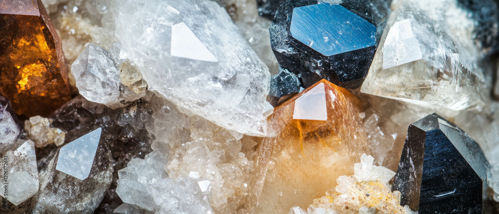 Poster exploring the intricate textures of quartz with unique inclusions and mineral patterns