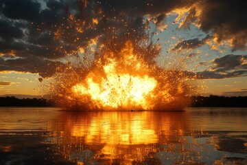 Obraz premium Explosive fireball erupts over water body at sunset capturing nature's fury scenic viewpoint dramatic concept