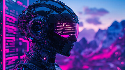 A close-up side profile of a futuristic humanoid robot with glowing neon lights, sleek metallic features, and a colorful cyberpunk-inspired backdrop of pink and blue hues