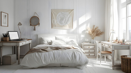 A bright and airy bedroom featuring a neutral color palette, soft textiles, and natural light streaming in.