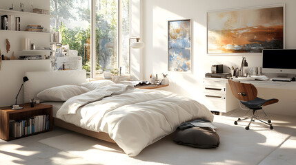 A stylish bedroom with a neutral color scheme, natural light, and contemporary decor for a tranquil atmosphere.