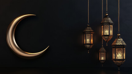Obraz premium golden moon and stars with Arabic lanters in a black background