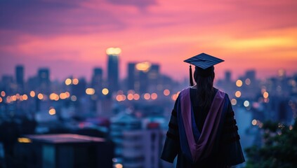 Graduate Silhouetted Against City Skyline at Sunset