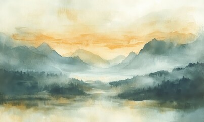 Fototapeta premium Ethereal watercolor landscape with fog effect, fog, watercolor, ethereal