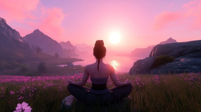 Woman Meditates at Sunset by a Mountain Lake