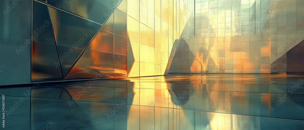 Poster reflective surfaces and geometric patterns create a vibrant atmosphere with contrasting light