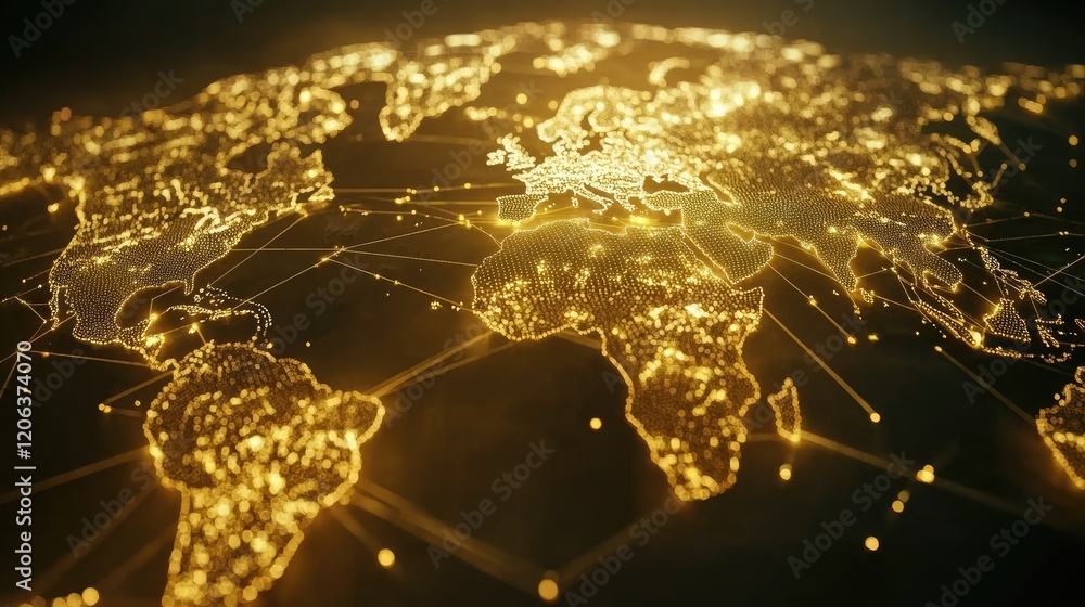 Poster global network illuminated a golden world map