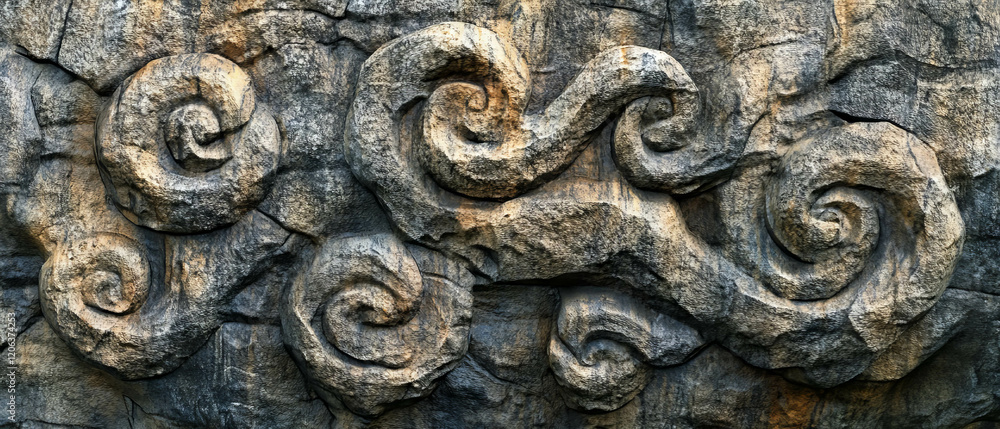 Poster intricate rock carvings display unique swirls and textures in ancient art