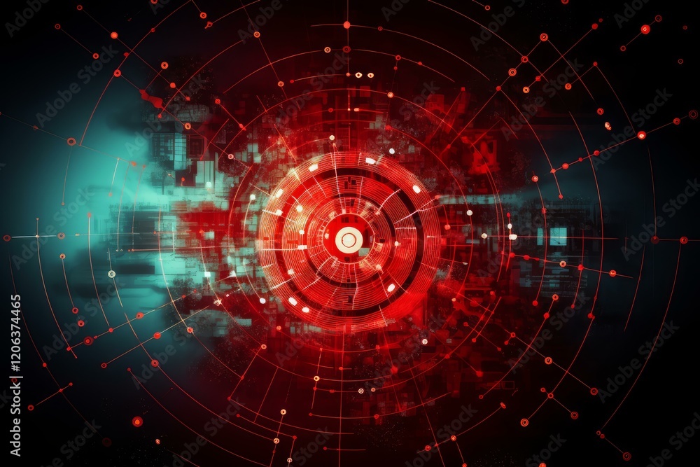 Poster red and blue digital abstract technology background with concentric circles and data flowing, repres