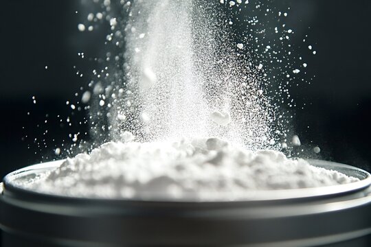 White powder is falling into a container, creating a dust cloud against a dark background, suggesting industrial production, chemical processing, or food preparation