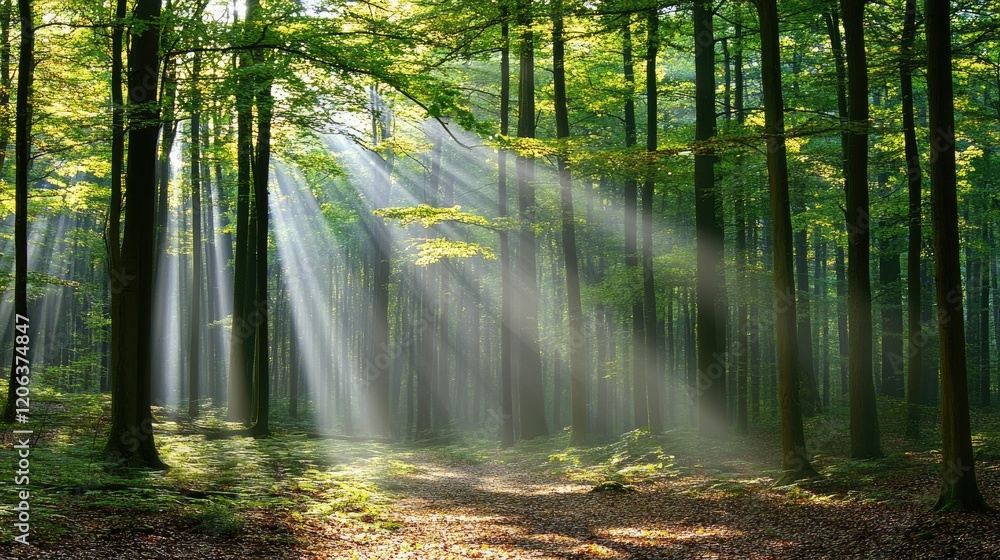 Poster Sunbeams Illuminate a Mystical Forest Path