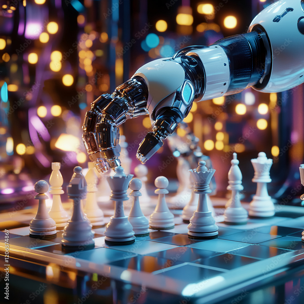 Aufkleber Robot arm strategically moves chess piece in futuristic setting with vibrant lights and reflections