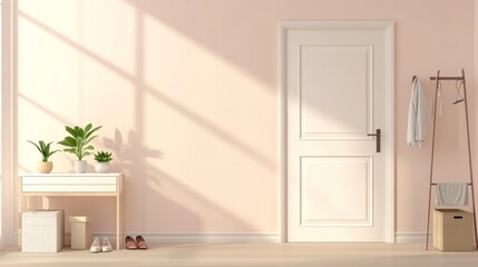 Fototapeta premium Serene Minimalist Entryway: Sunlight Streaming into a Calm and Stylish Home Interior
