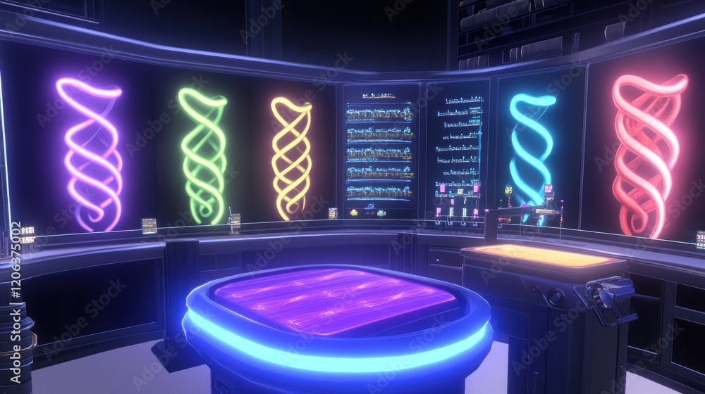 Poster futuristic laboratory neon helix data displays