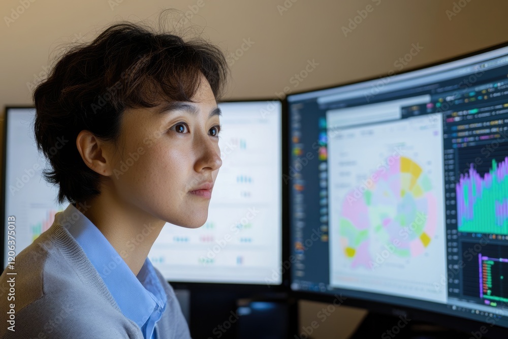 Aufkleber a young woman thoughtfully analyzes data displayed on multiple computer screens, likely engaged in p