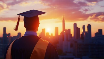 Graduate Silhouetted Against a City Sunset