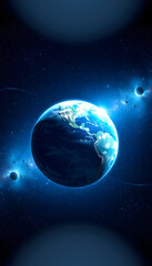 Fototapeta premium Amazing deep space with stars and a blue planet Earth with city lights at night. Space for design and text, close-up, with white tones