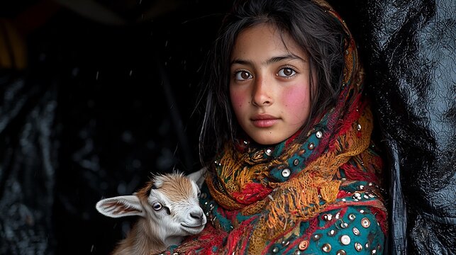 Kuchi girl wearing a vibrant scarf decorated with mirrors holding a baby goat in her arms standing in front of her familys black woolen tent