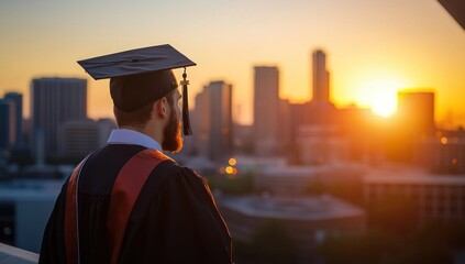 Graduate Contemplating Future Amidst Sunset Cityscape