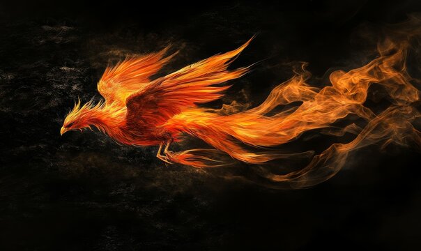 Fire bird phoenix emerging from ashes on a dark background