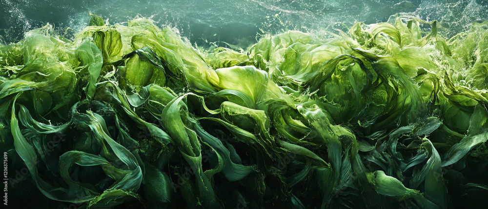 Poster exploring the intricate texture of seaweed with flowing strands in ocean currents