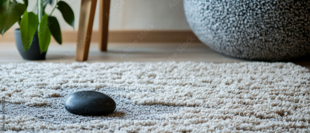 Poster exploring the texture of a shag rug with playful fibers and unique designs in a modern setting