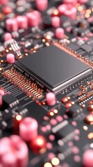 This detailed view showcases a microchip at the center, surrounded by various electronic components in vibrant colors. The setting appears to be a technology lab focused on circuit design