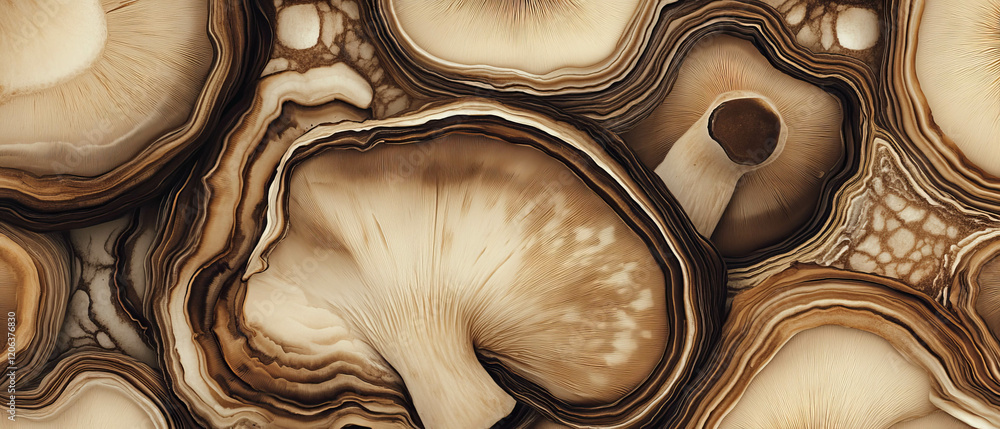 Poster Explore the intricate textures and patterns of sliced mushrooms in a unique arrangement