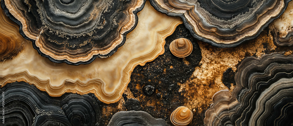 Poster Exploring the intricate textures and patterns of sliced mushrooms in a natural arrangement