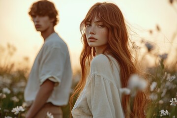 Fototapeta premium Redhead woman with freckles stands in a field, a man blurs in the background, sunset.