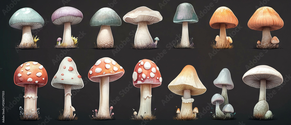 Poster exploring various smooth mushroom caps with unique textures and colors in a serene environment
