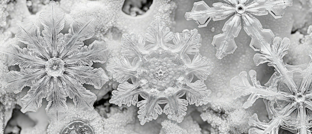 Poster snowflakes with unique textures and delicate structures against a white background