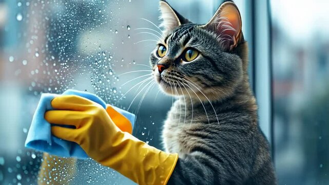 Adorable tabby cat in yellow gloves cleaning window with blue cloth, house cleaning concept