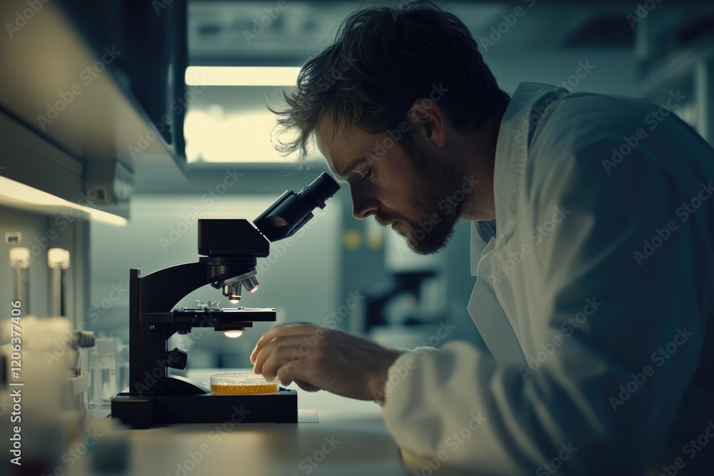 Poster a scientist meticulously examines a sample under a microscope in a dimly lit laboratory setting.