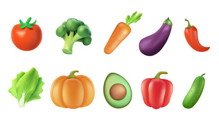 Collection of colorful 3D fresh delicious vegetables isolated on white background. Bundle of healthy and tasty vegan products, wholesome vegetarian food. 3D cartoon vector illustration